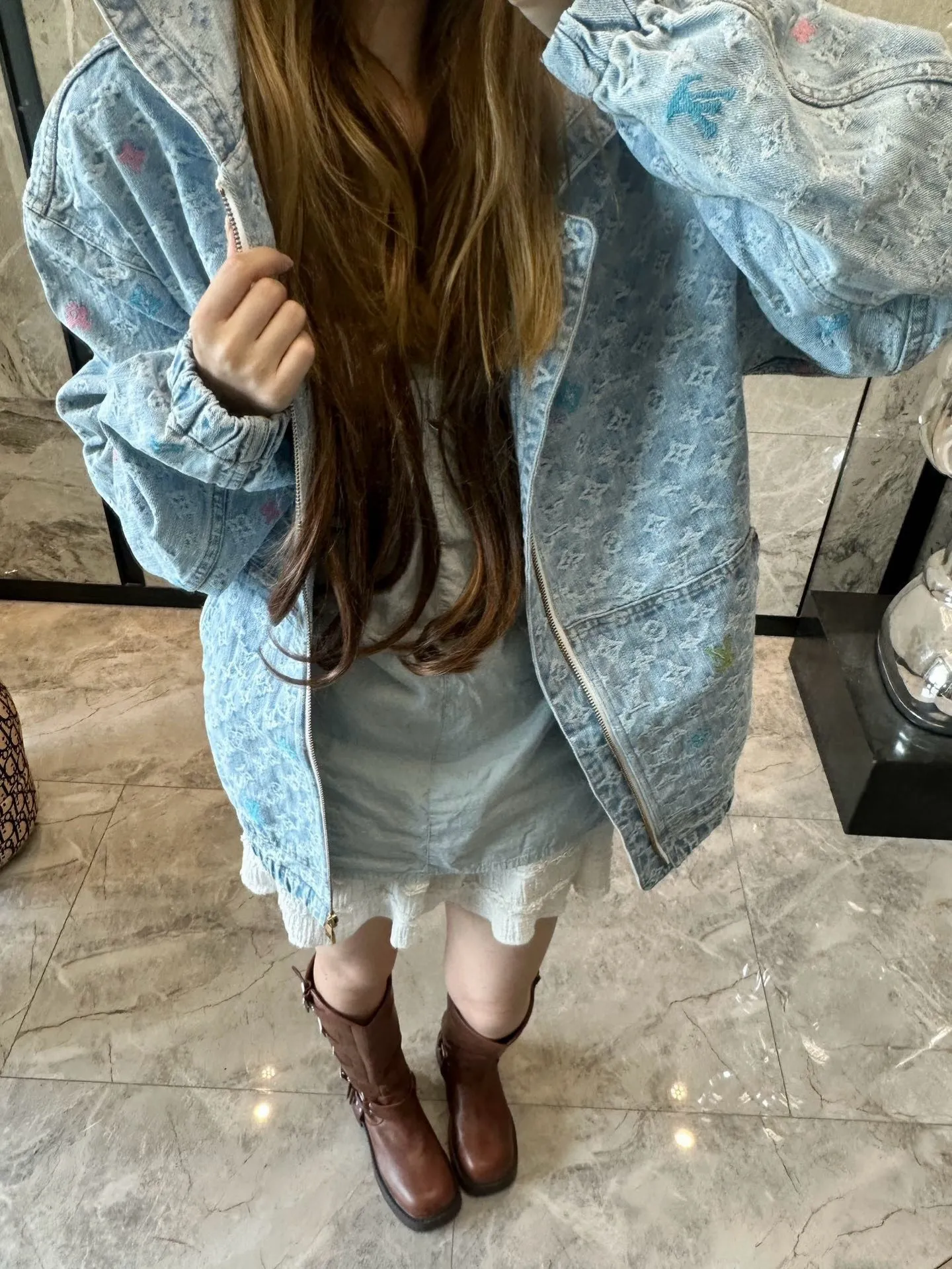 Louis Vuitton/Louis Vuitton 25Fw old flower jacquard embroidered zipper hooded denim jacket